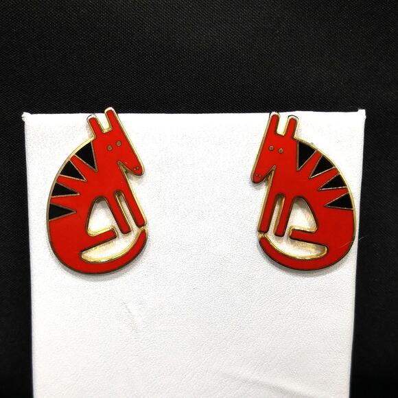 Laurel Burch "Terra" Coyote Post Earrings, Cloisonné Gold Plated, 1980s Vintage - Picture 5 of 10